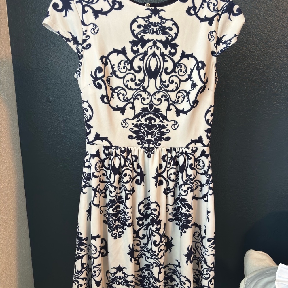 B Darlin White and Blue Flutter Sleeve Fit and Flare Midi Dress